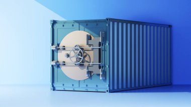 concept blue shipping container with safe door. 3d rendering