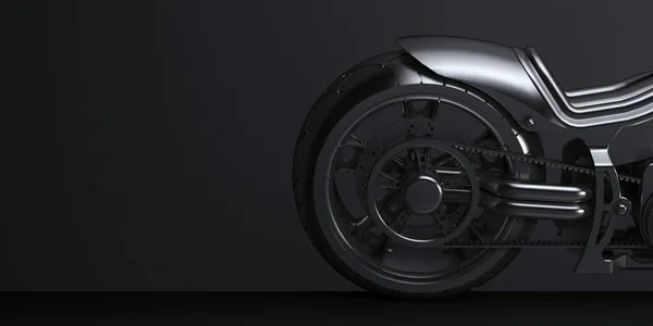 Closeup Black Motorcycle Wheel Dark Side View Rendering — Stock Photo, Image