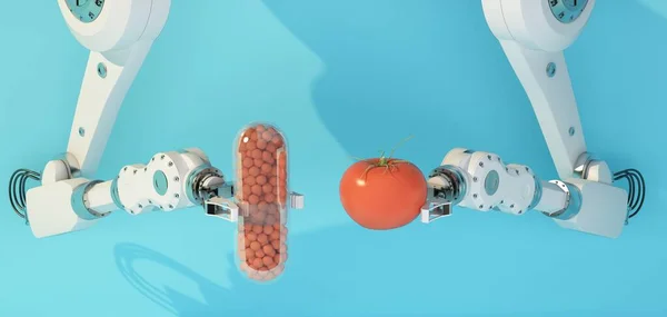 Konzept Der Technologie Zur Herstellung Von Vitaminen Aus Tomaten Darstellung lizenzfreie Stockfotos