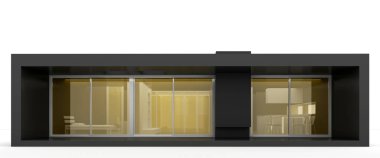 Tek katlı, panoramik şeffaf pencereli, modern siyah bir evin ön görüntüsü. 3d oluşturma