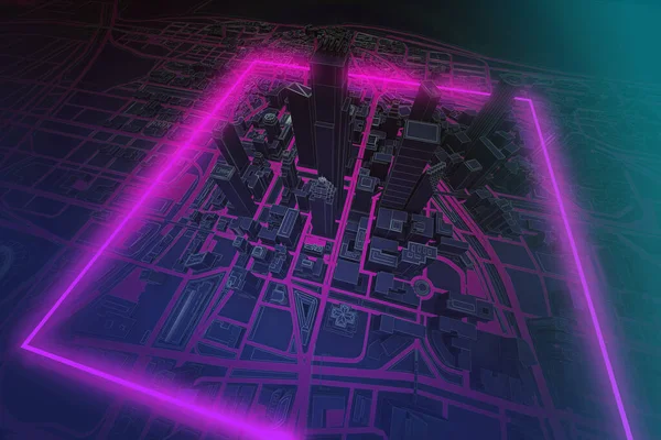 Violette Neon Plein Boven Donkere Stad Luchtfoto Destructie — Stockfoto