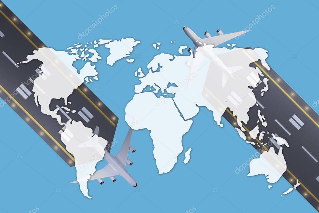 earth map mockup on two runways with passenger aircraft top view. 3d rendering