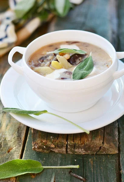 Bohnensuppe mit Salbeiblatt — Stockfoto