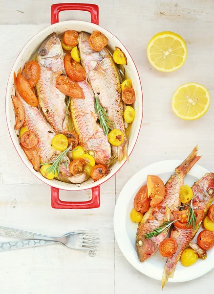 Surmullet assado com tomate cereja, alho e alecrim — Fotografia de Stock