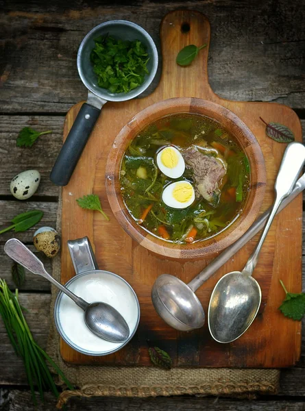 Russian traditional nettle soup with eggs and sour cream — Stock Photo, Image