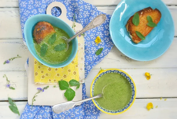 Judías verdes y sopa de cebolla verde con pan tostado — Foto de Stock