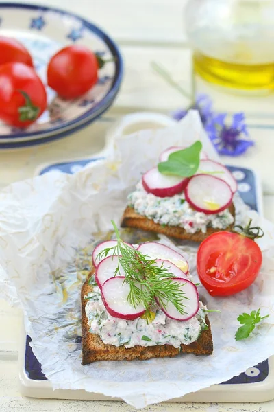 Canape with  farmer cheese and radish — Stock Photo, Image