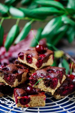 İki renkli vişneli turta. Tarz kırsal. Doğal ışık. Seçici odak