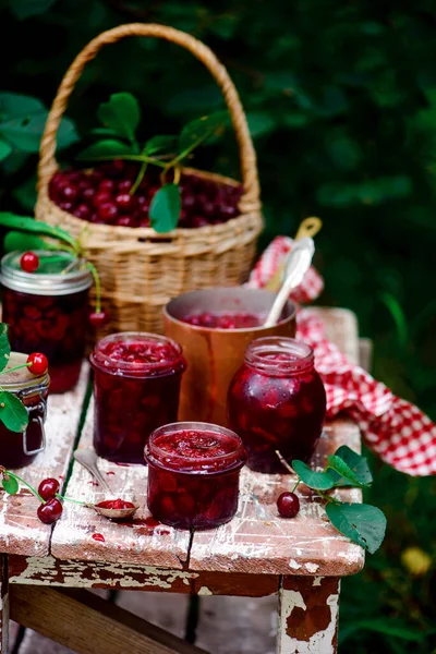 Homemade Easy Cherry Filling Jar Style Rustic Selective Focus — Stock Photo, Image