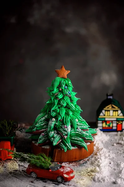 Pain Épice Sapin Noël Sur Fond Rustique Noël Style Rustique — Photo