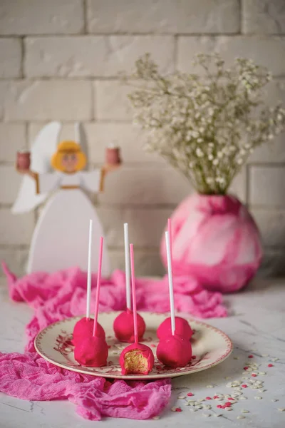 Cake Pops Für Den Valentinstag Stil Vintage Selektiver Fokus — Stockfoto