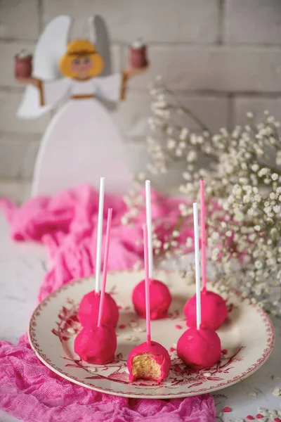 Cake Pops Für Den Valentinstag Stil Vintage Selektiver Fokus — Stockfoto