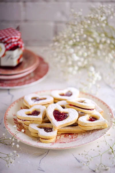 Linzer Cookies Für Den Valentinstag Style Vintage Selektiver Fokus — Stockfoto