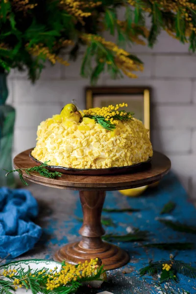 ITALIAN MIMOSA CAKE for International Women\'s Day on March 8.selective focus