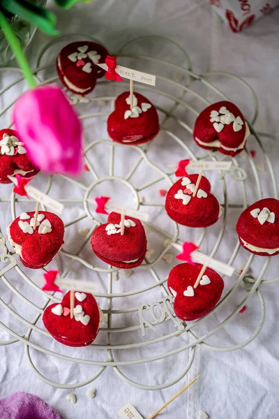 Valentines Whoopie Taarten Voor Valentijnsdag Style Vintage Selectieve Focus — Stockfoto