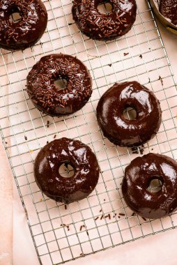 Chocolate baked donuts. top view..selective focus