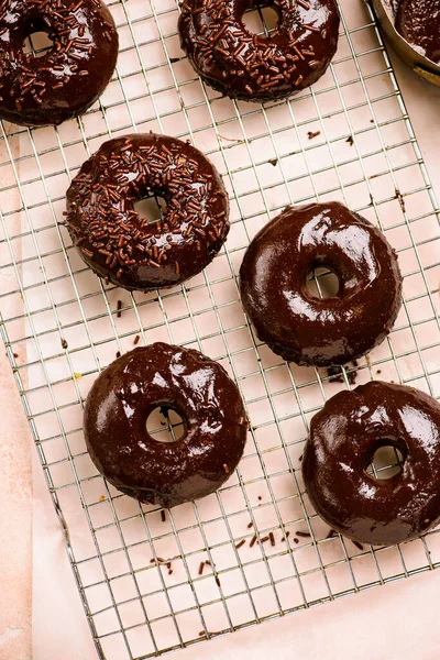Chocolate Baked Donuts Top View Selective Focus — ストック写真