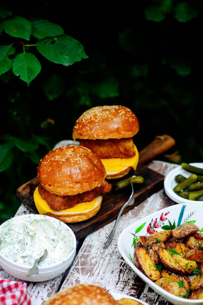 Fillet-o-fish and chips with tartare sauce.selective focus
