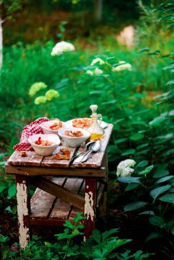 Karidesli gazpacho, yaz bahçesindeki masada geleneksel bir Spansh soğuk çorbası.