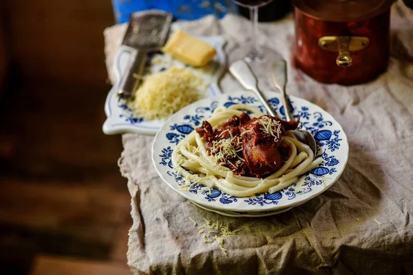 Kaninchen Rague Mit Pasta Style Rustic Selektiver Fokus — Stockfoto