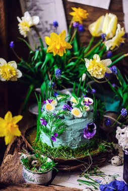  Ton balığı ve bıldırcın yumurtalı balık katlı kek. Tarz rustik.Seçici odak