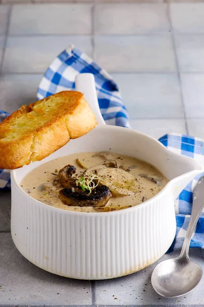 Chowder Met Champignons Stijl Vintage Selectieve Focus — Stockfoto