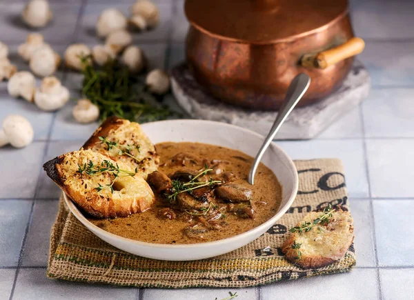 French Mushroom Onion Soup Style Vintage Selective Focus — Stock Photo, Image