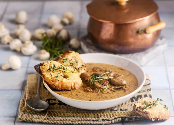 French Mushroom Onion Soup Style Vintage Selective Focus — Stock Photo, Image