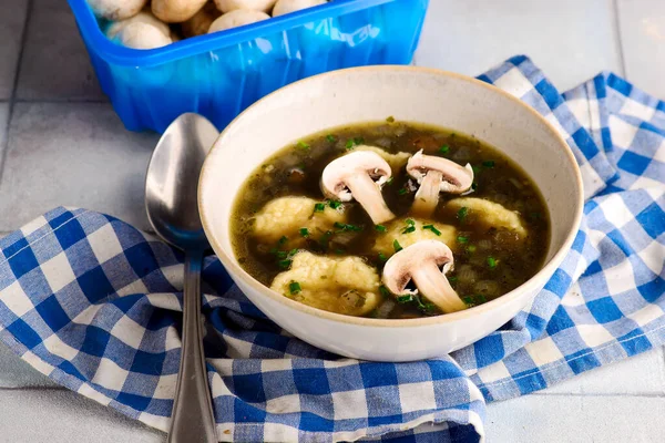 Bouillon Champignons Aux Boulettes Champignons Style Vintage Selective Focus — Photo