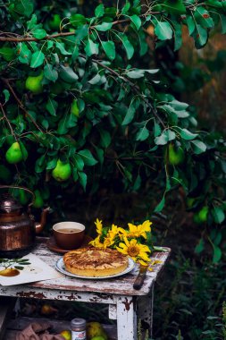 Bahçedeki ahşap bir masada armut turtası. Seçici odak noktası. stilsel kırsal