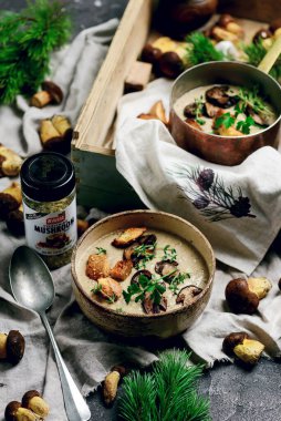 Yaban mantarlı krema çorbası. Tarz mahsulü. Seçici odaklanma.