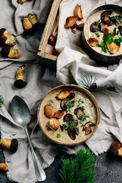 Sopa Creme Com Foco Selvagem Mushrooms Style Vintage Selective — Fotografia de Stock