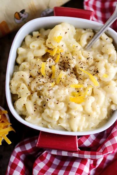 Mac Cheese Ceramic Dish Style Rustic Selective Focus — Stock Photo, Image