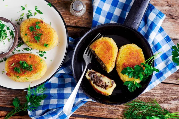 Potato Cutlets Mushrooms Sour Cream Rustic Style Selective Focus — Stock Photo, Image