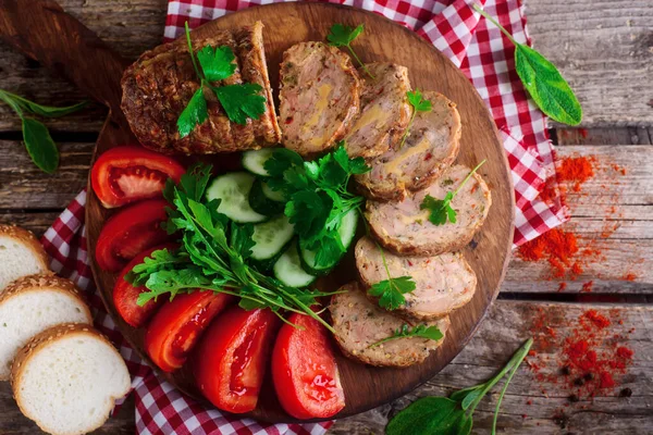 Chicken Roll Cheese Vegetables Sliced Wooden Board Rustic Style Selective — ストック写真