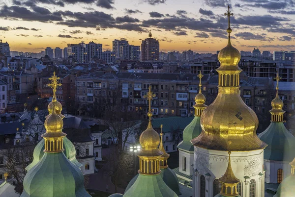 View Illuminated Sophia Cathedral Beautiful Sunset Sky Background Kiev Ukraine — Stock Photo, Image