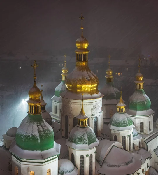 View Illuminated Sophia Cathedral Snowstorm December Christmas Kiev Ukraine — Zdjęcie stockowe