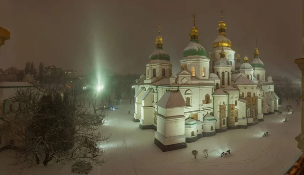 View Illuminated Sophia Cathedral Snowstorm December Christmas Kiev Ukraine — Zdjęcie stockowe