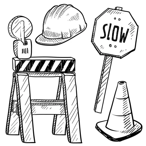 Road construction objects sketch — Stock Vector