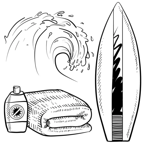 서핑과 해변 개체 스케치 — 스톡 벡터