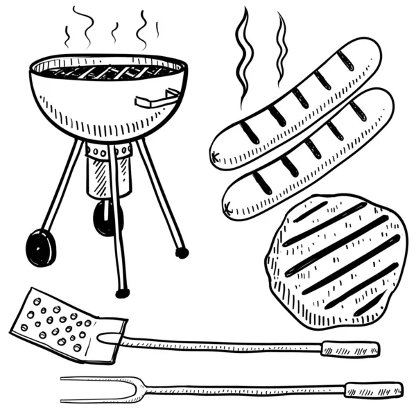 Dvorku barbecue nebo připravit jídlo objekty skica — Stockový vektor