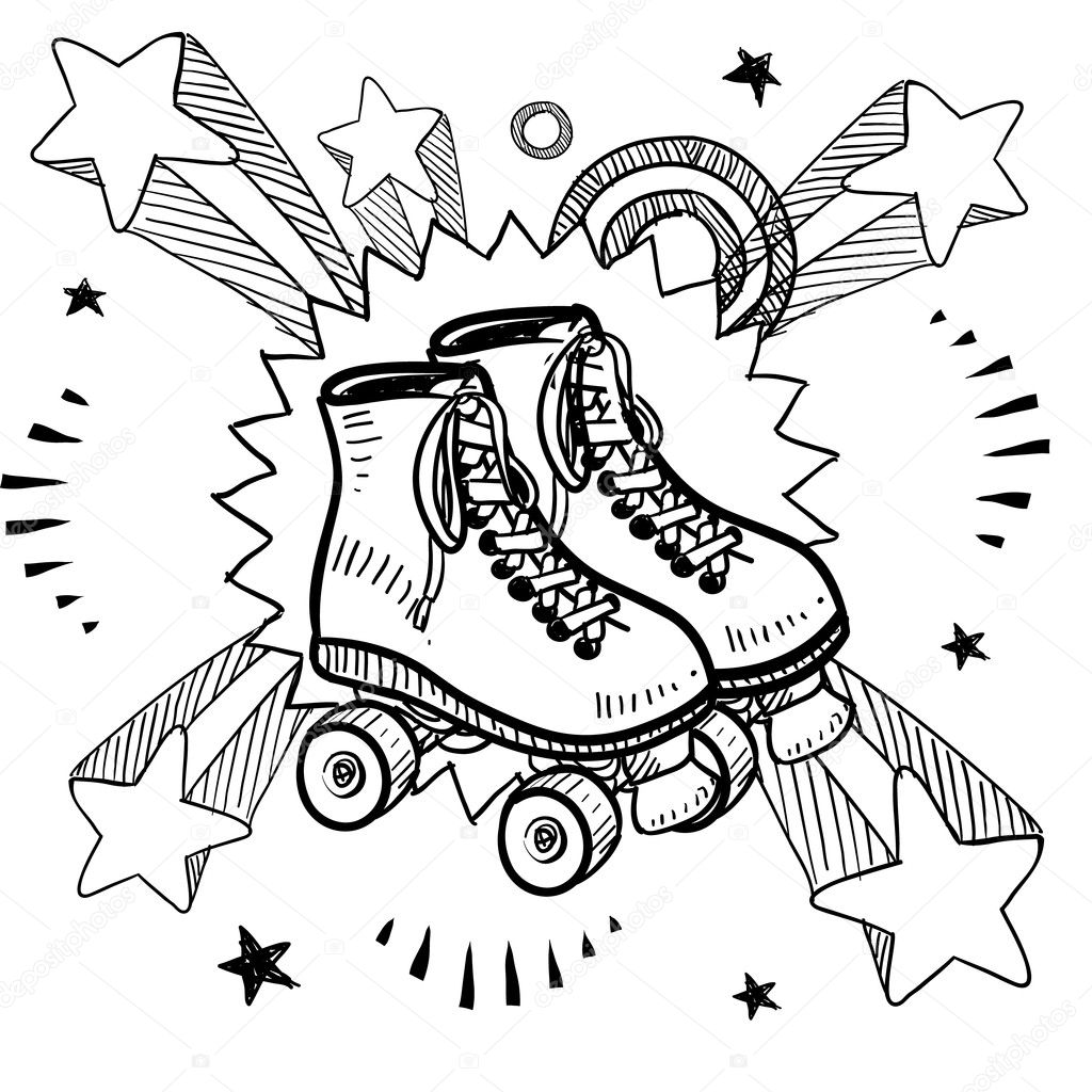 Schizzo di stile doodle di pattini a rotelle su sfondo di esplosione pop in stile anni sessanta o settanta in illustrazione vettoriale — Vettoriali di