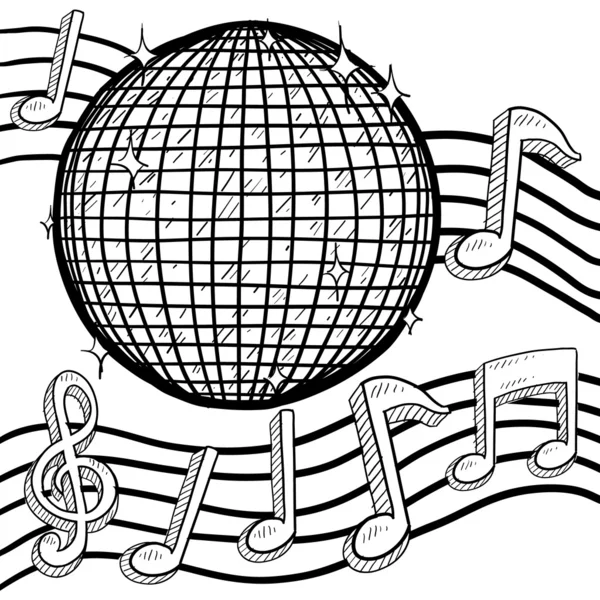 Bola de disco con notas musicales bosquejo — Vector de stock