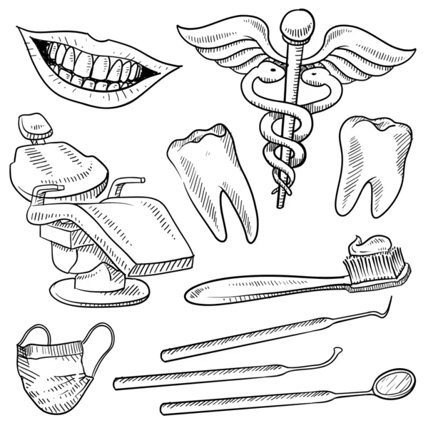 Zahnarzt Ausrüstung Objekte Skizze — Stockvektor
