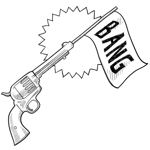Comic pistol with bang flag sketch — Stock Vector