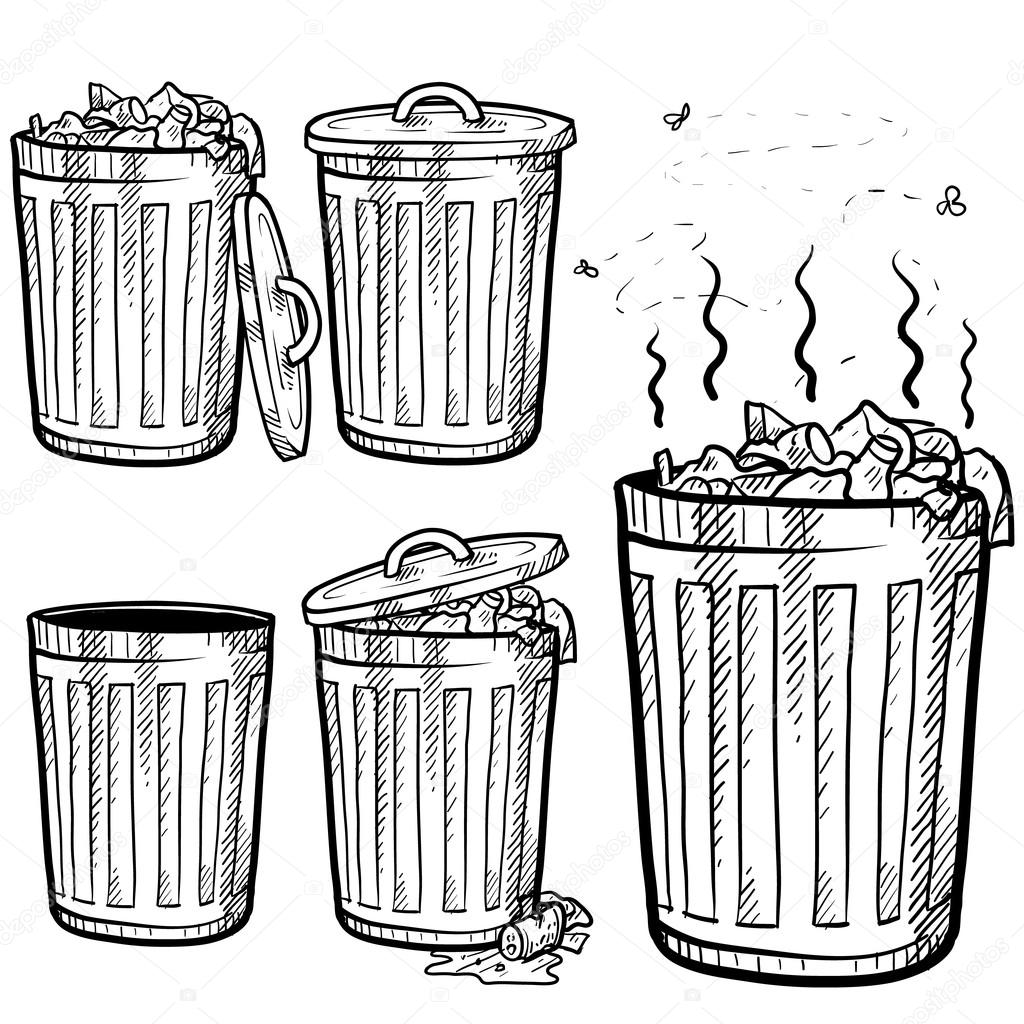 Garbage and trash cans assortment sketch