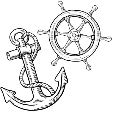 Anchor and ship's wheel sketch clipart