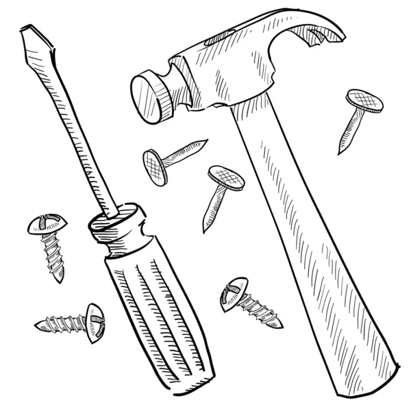 Hammer und Schraubenzieher-Skizze — Stockvektor