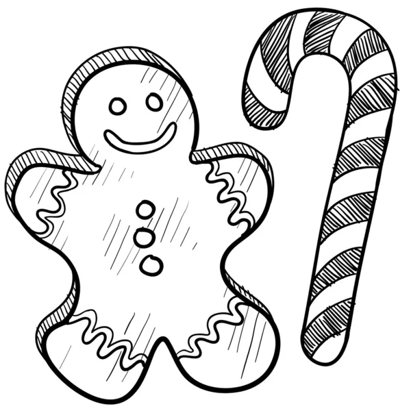 Gingerbread man and candy cane sketch — Stock Vector