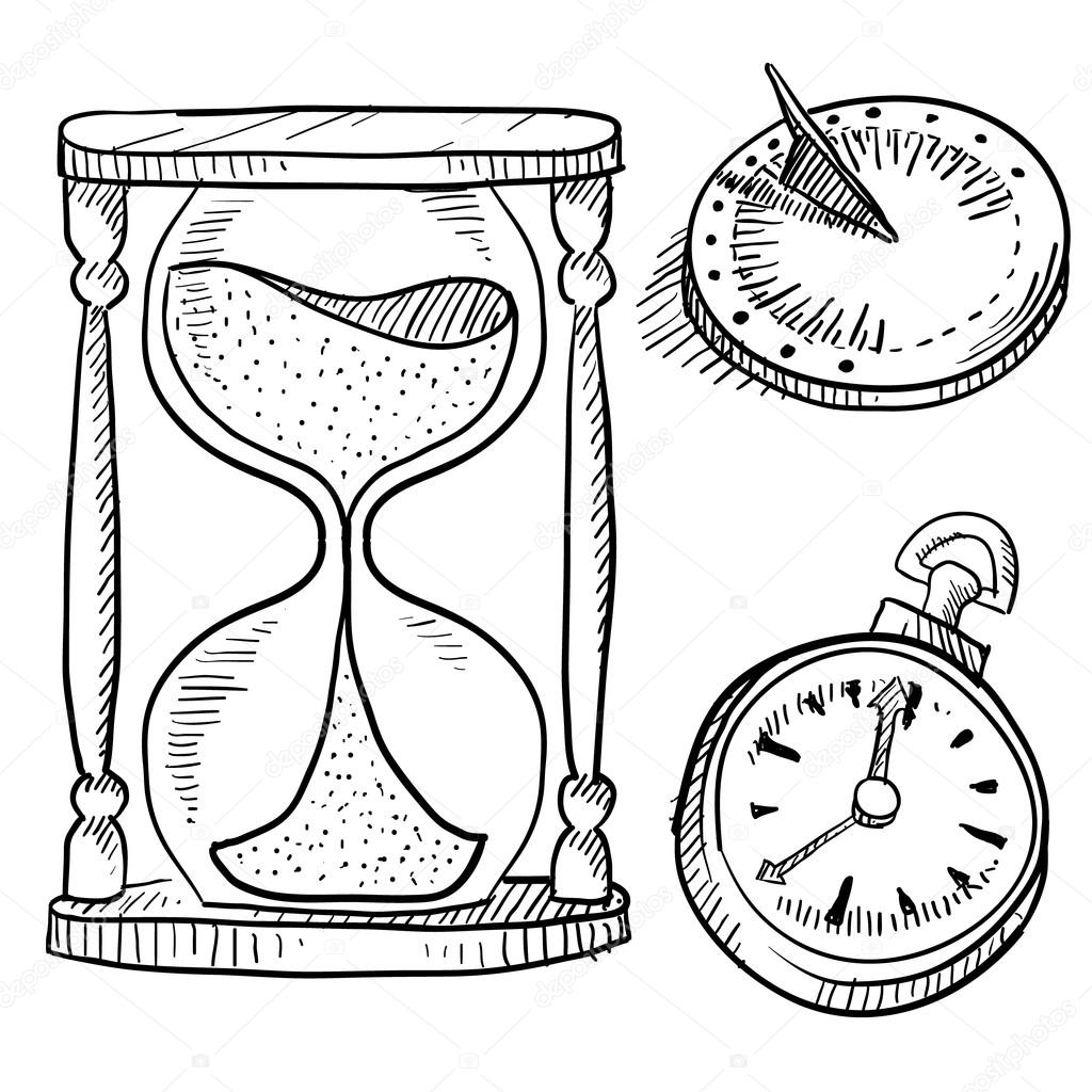 zandloper, zonnewijzer en stopwatch schets — Stockvector © lhfgraphics